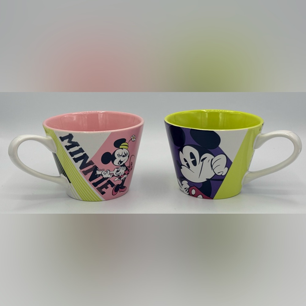 Mickey & Minnie Mouse Set of 2 Mugs Disney Store 80s Style Geometric Coffee NWOT